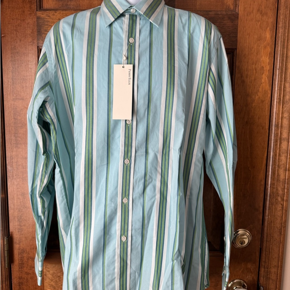 NWT Perry Ellis Blue w/Green Stripe Button-Up Shirt Large